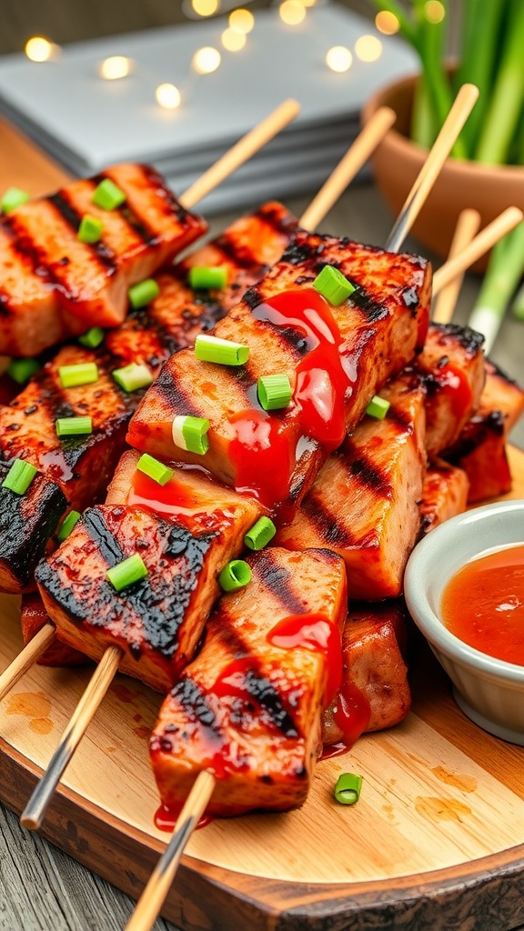 Grilled tuna skewers with a honey glaze, garnished with green onions, on a rustic board with dipping sauce.